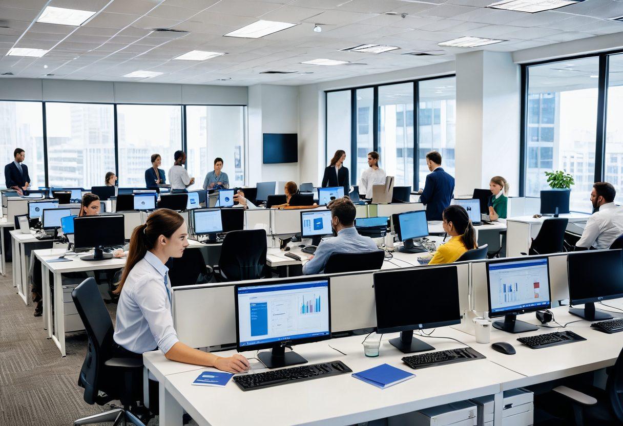 A professional office environment featuring a diverse group of employees engaged in a digital verification process, with tools like ID scanners and software screens displaying compliance checklists. Include elements like documents, digital devices, and a welcoming atmosphere. Ensure a sense of collaboration and efficiency. super-realistic. vibrant colors. white background.
