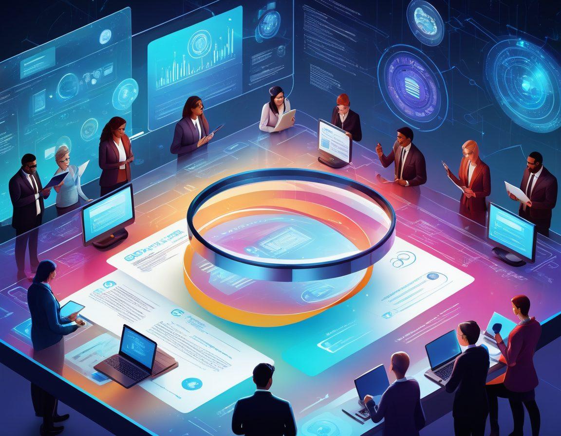 A digital illustration depicting a magnifying glass hovering over a complex employment database filled with diverse employee profiles, highlighted documents, and security symbols. In the background, a diverse group of professionals collaboratively reviewing data on tablets and laptops, showcasing teamwork and technology in action. The color scheme should be vibrant and engaging, emphasizing transparency and trust. futuristic style. bright colors.