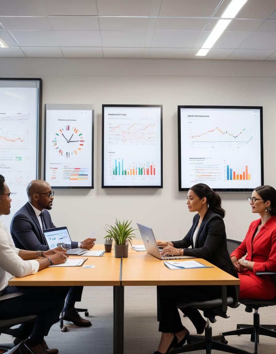 A cohesive scene depicting a diverse group of HR consultants engaged in a modern office environment, analyzing documents and digital applications for job credentialing and background checks. Include elements like laptops, charts, and a large screen displaying data analytics, with a clock symbolizing efficiency. Incorporate vibrant colors to represent professionalism and collaboration. super-realistic. vibrant colors.